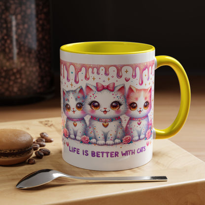 Cute Pastel Kawaii Cat Mug – "Life Is Better With Cats" Accent Coffee Cup (11/15 oz)