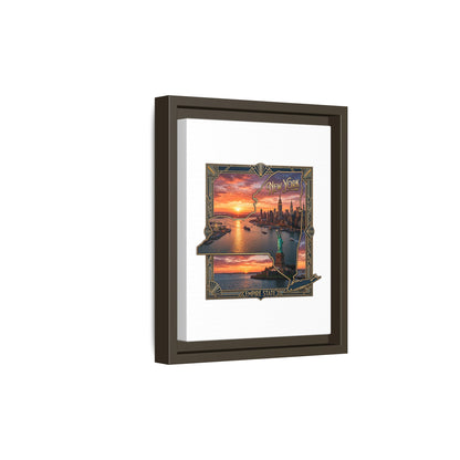 Framed Matte Canvas Wall Art — New York City Sunset Skyline with Statue of Liberty