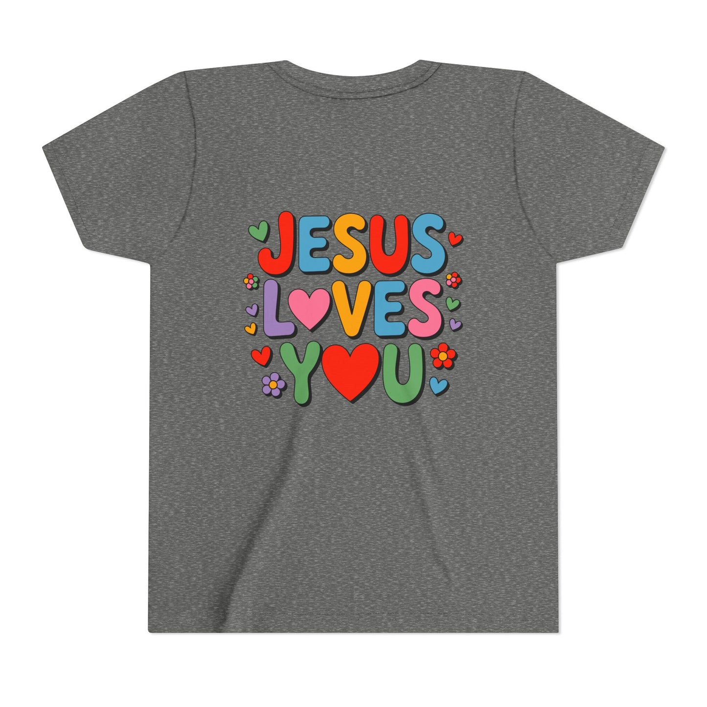 Youth Tee - "Jesus Loves You" Colorful Heart & Flower Christian Shirt