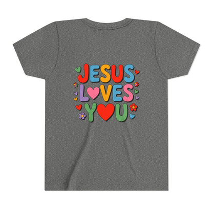 Youth Tee - "Jesus Loves You" Colorful Heart & Flower Christian Shirt