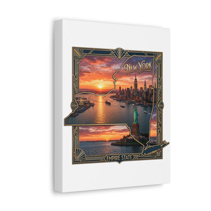 New York Sunset Stretched Canvas – Empire State Skyline with Statue of Liberty