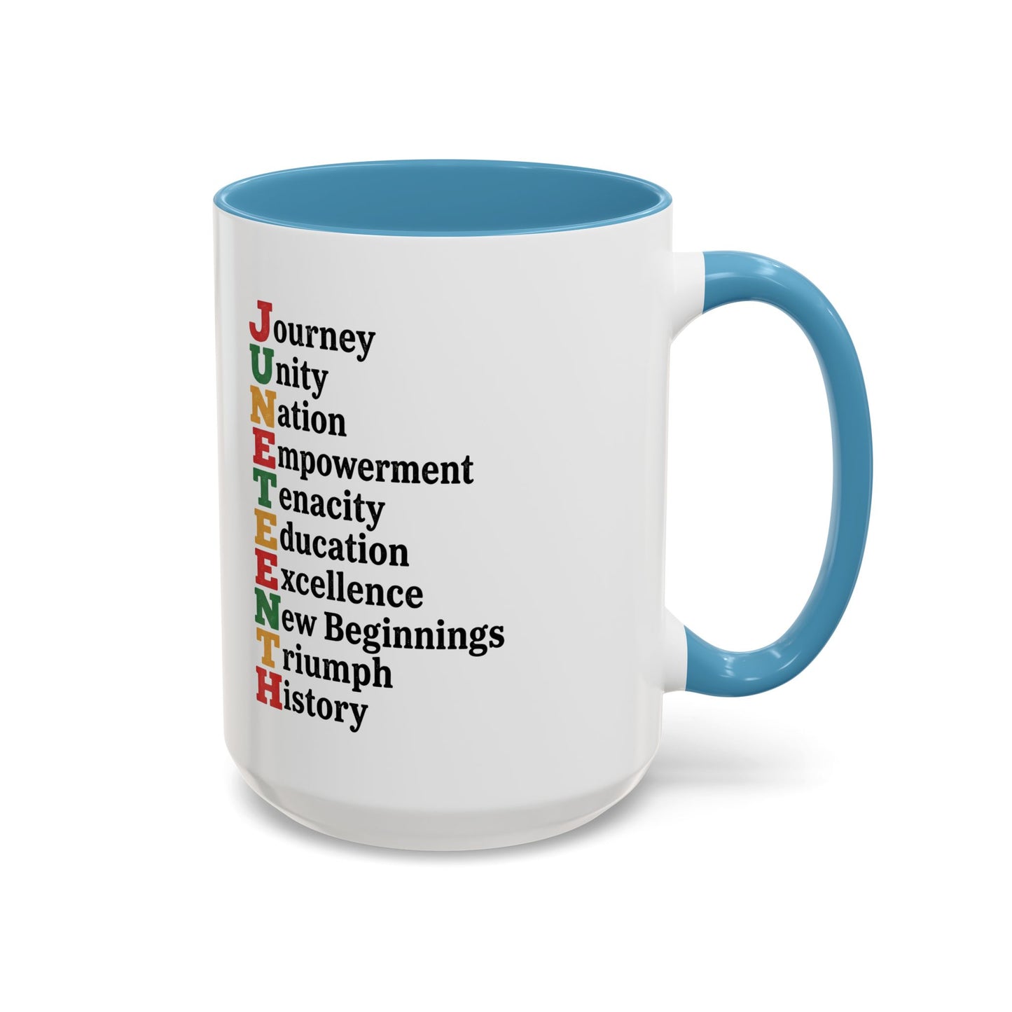 Juneteenth Acronym Accent Coffee Mug – Journey Unity Nation Empowerment (11/15oz)