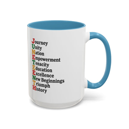 Juneteenth Acronym Accent Coffee Mug – Journey Unity Nation Empowerment (11/15oz)