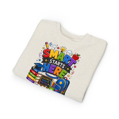 Toddler Sweatshirt — "Smart Starts Here" Back-to-School Kids Crewneck