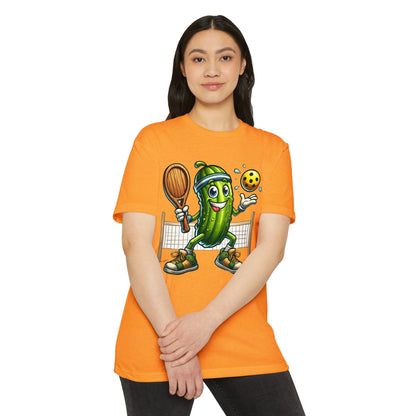 Pickleball Pickle T-Shirt — Cute Cartoon Pickle Playing Pickleball Tee