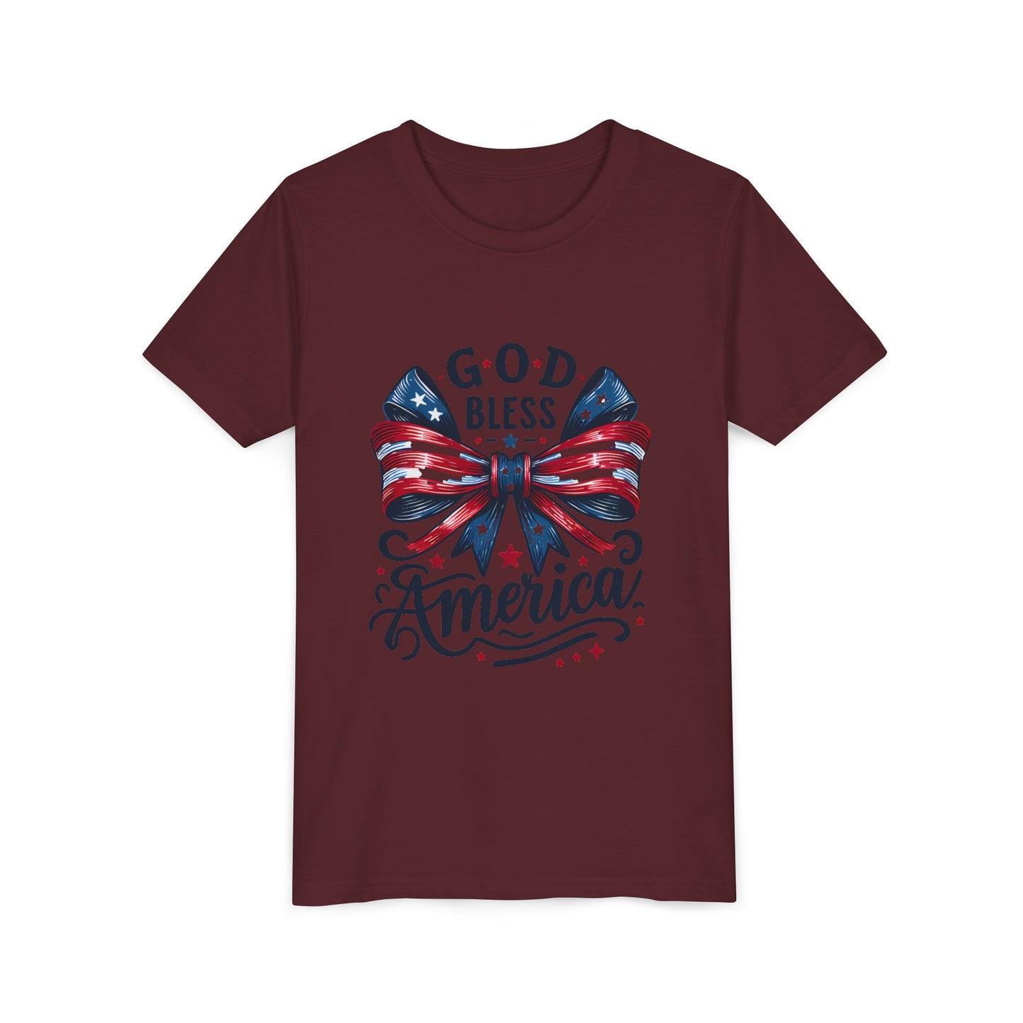 Youth Tee — "God Bless America" Patriotic Bow T-Shirt (4th of July, Memorial Day)