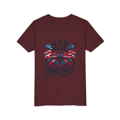 Youth Tee — "God Bless America" Patriotic Bow T-Shirt (4th of July, Memorial Day)