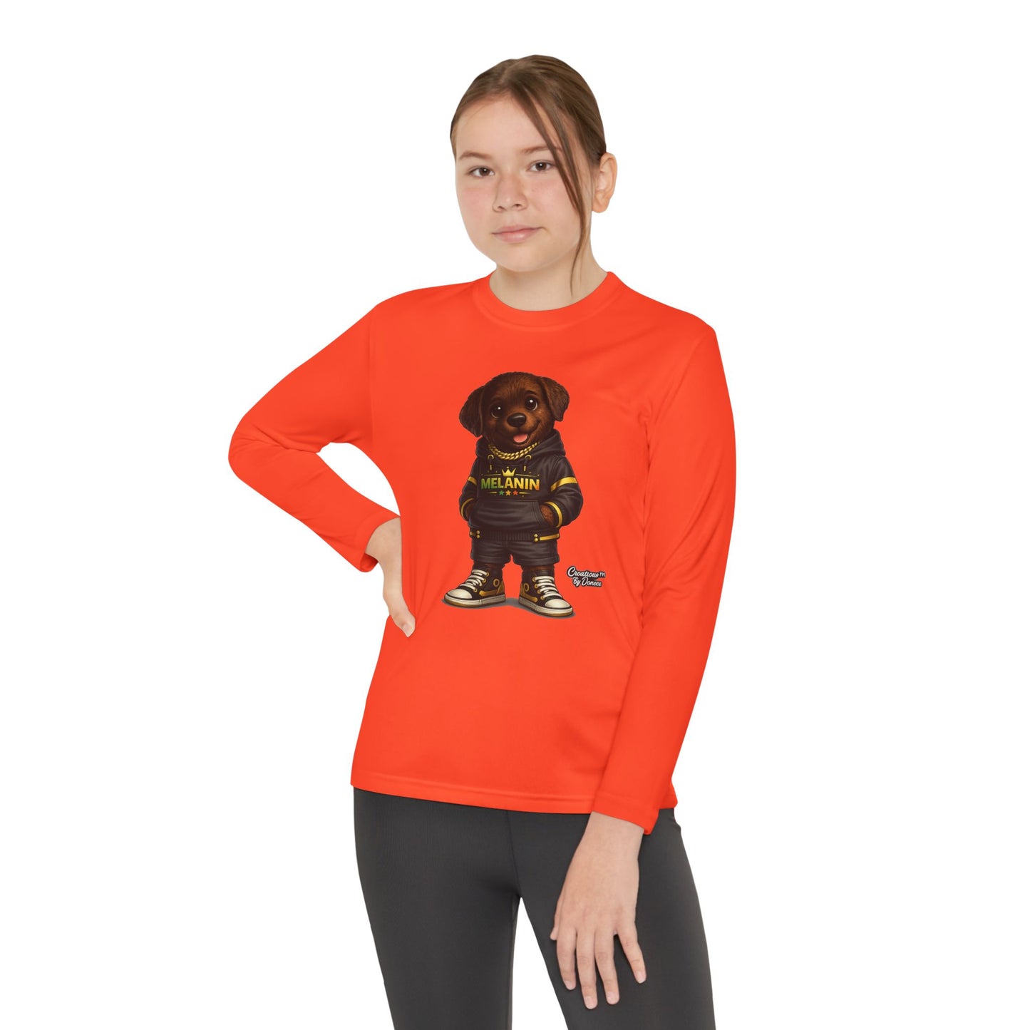 Youth Long Sleeve Tee — Cute Rottweiler Pup Graphic "Melanin" Hoodie Design