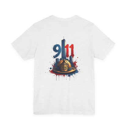 9/11 Firefighter Memorial Tee — Tribute T-Shirt with Helmet & Twin Towers Design