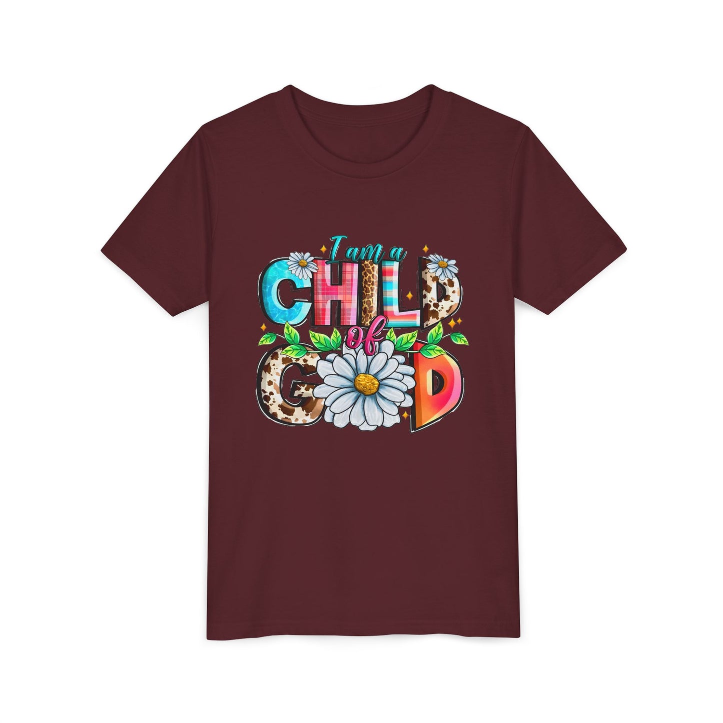 Youth Tee — "I Am a Child of God" Floral Christian Graphic