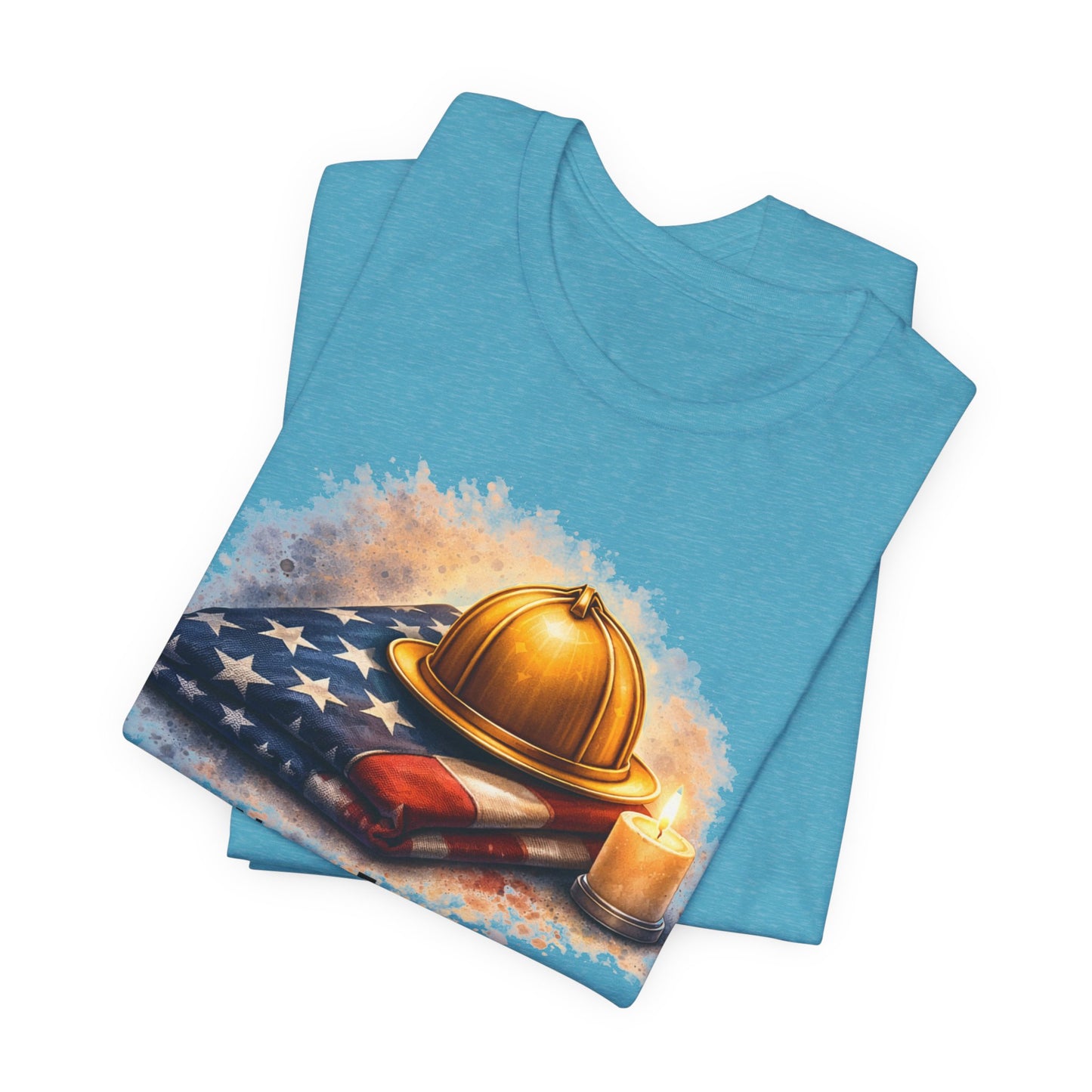 Never Forget Memorial T‑Shirt — Firefighter Helmet & Flag Tribute