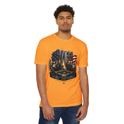 9/11 Never Forget Memorial T-Shirt — Tribute American Flag Skyline Tee