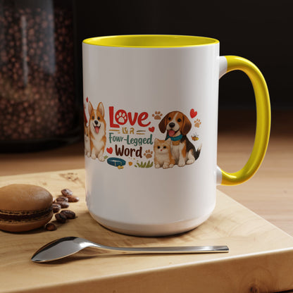 Dog Lover Accent Coffee Mug — “Love is a Four-Legged Word” Ceramic Gift