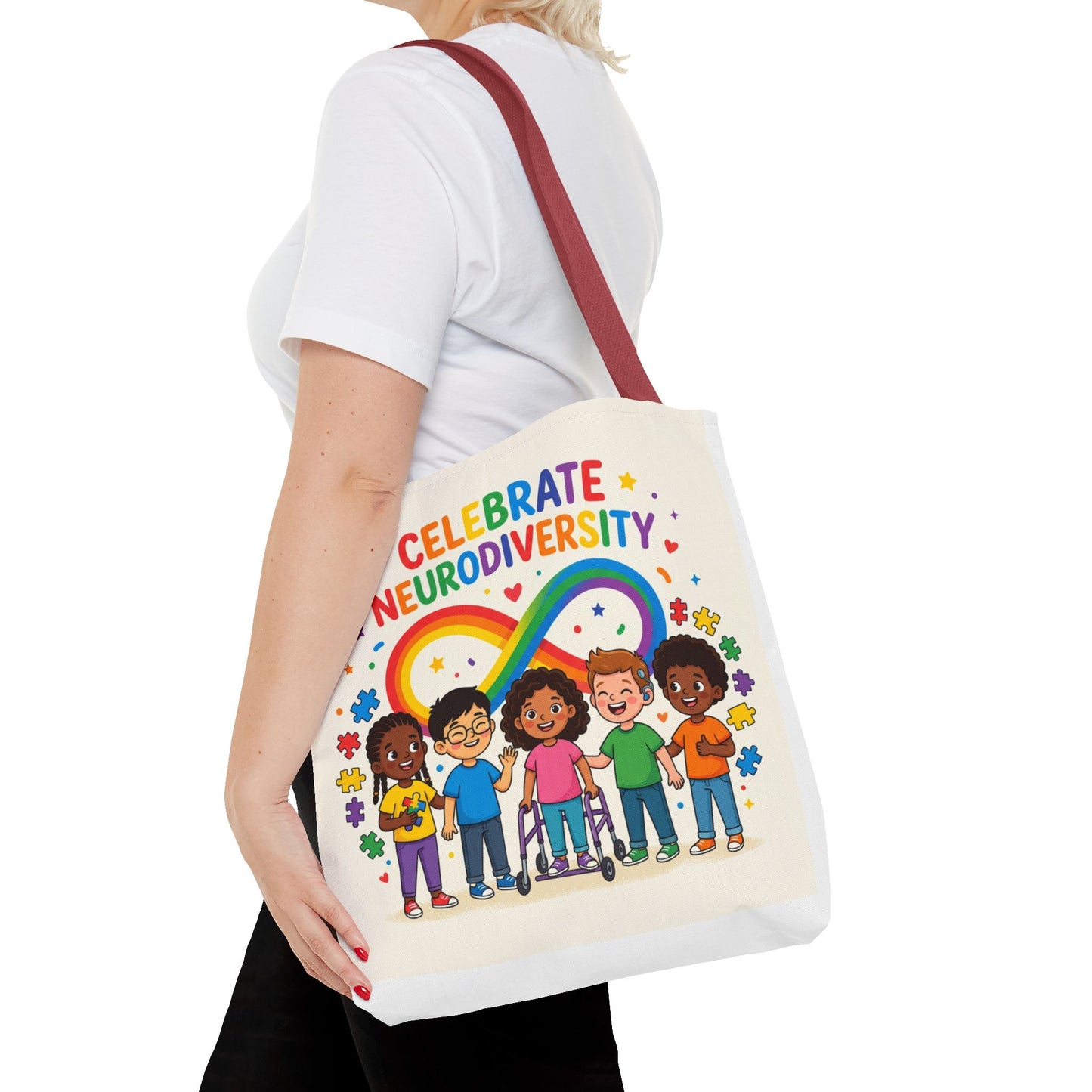Celebrate Neurodiversity Tote Bag — Rainbow Infinity Symbol with Diverse Kids