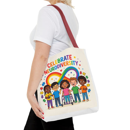 Celebrate Neurodiversity Tote Bag — Rainbow Infinity Symbol with Diverse Kids