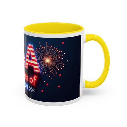 USA 250 Years of Freedom Accent Coffee Mug — Patriotic 1776–2026 Fireworks Design (11/15oz)