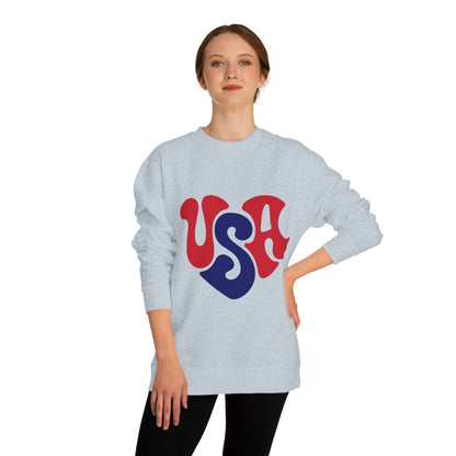 USA Heart Crewneck Sweatshirt — Retro Red & Blue Patriotic Pullover