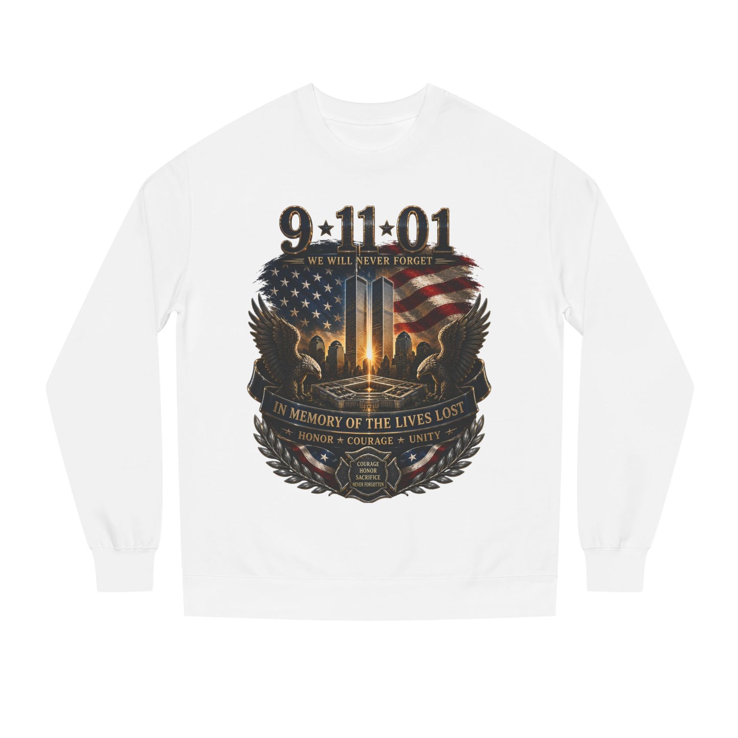 9/11 Memorial Sweatshirt – 'We Will Never Forget' Twin Towers Tribute Crewneck