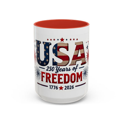 USA 250 Years of Freedom Accent Coffee Mug – 1776–2026 Patriotic Fourth of July Gift