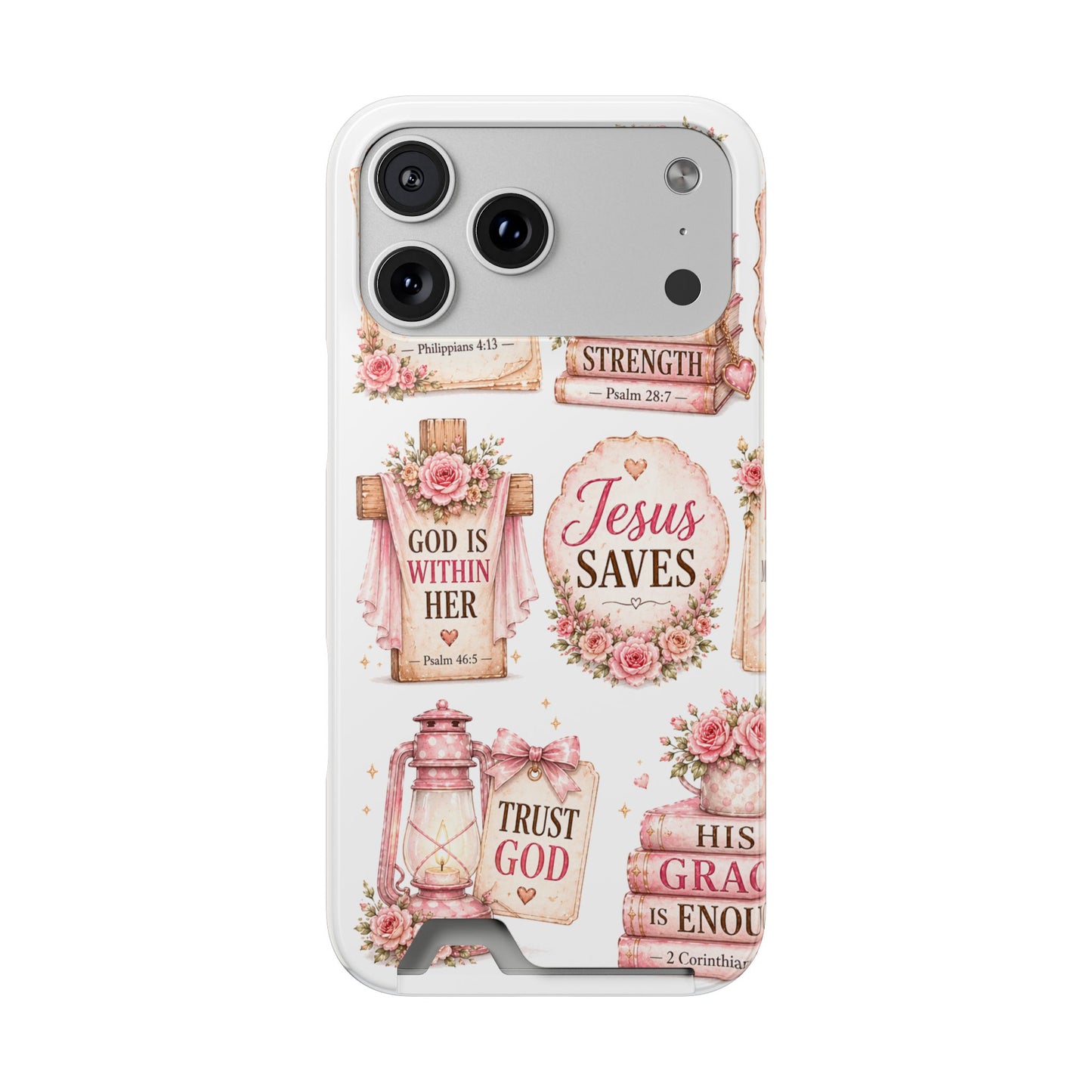 Christian Floral Phone Case with Card Holder — 'Jesus Saves' Inspirational Design