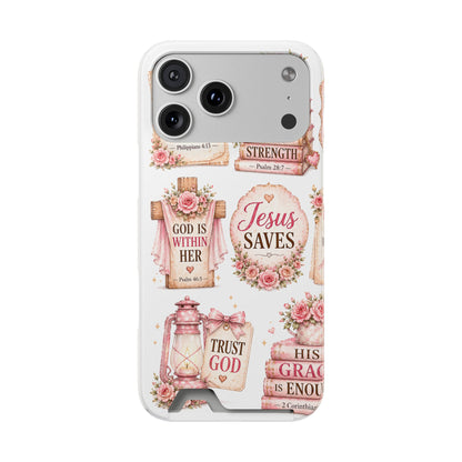 Christian Floral Phone Case with Card Holder — 'Jesus Saves' Inspirational Design