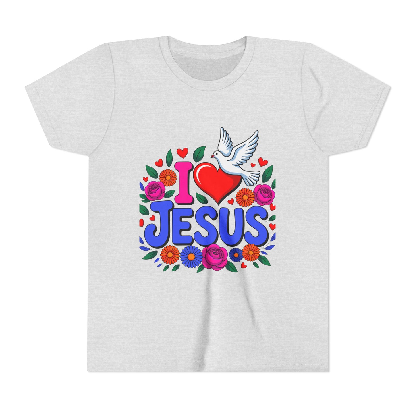 Youth Tee — "I  Jesus" Colorful Dove & Floral Christian Shirt