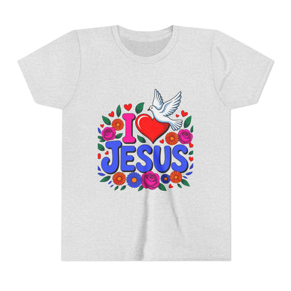 Youth Tee — "I  Jesus" Colorful Dove & Floral Christian Shirt