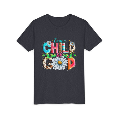 Youth Tee — "I Am a Child of God" Floral Christian Graphic