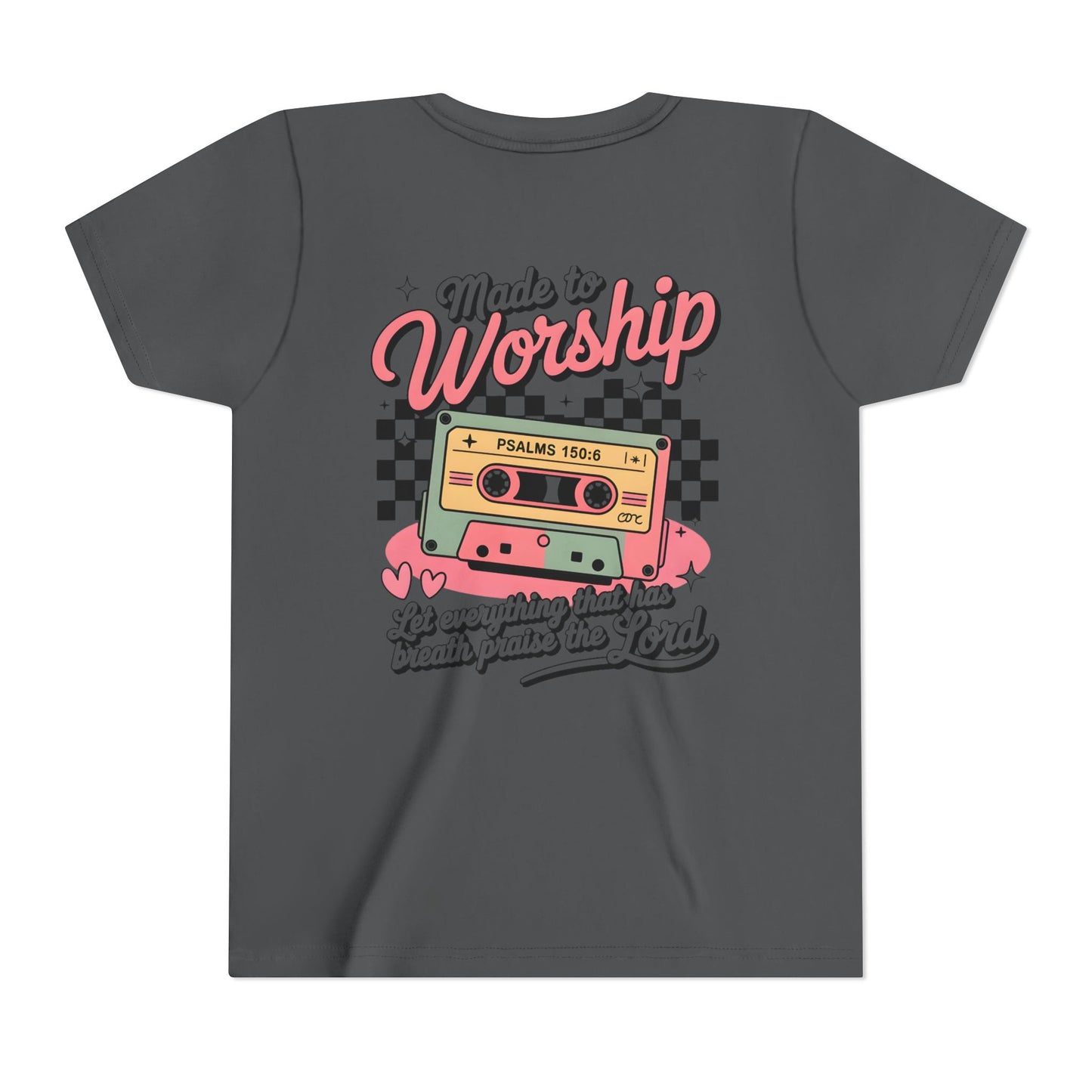 Made to Worship Youth Tee – Retro Cassette Christian Kids Shirt (Psalms 100:4)