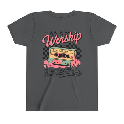 Made to Worship Youth Tee – Retro Cassette Christian Kids Shirt (Psalms 100:4)