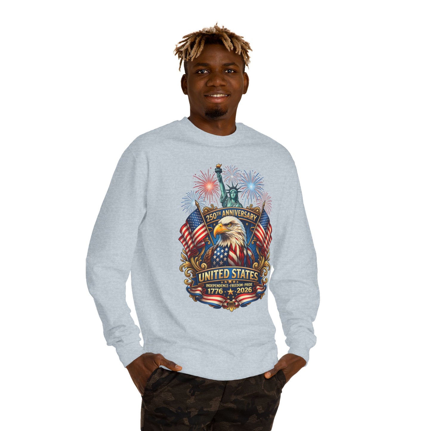 250th Anniversary United States Sweatshirt — Patriotic Eagle, Flags & Fireworks (1776–2026)
