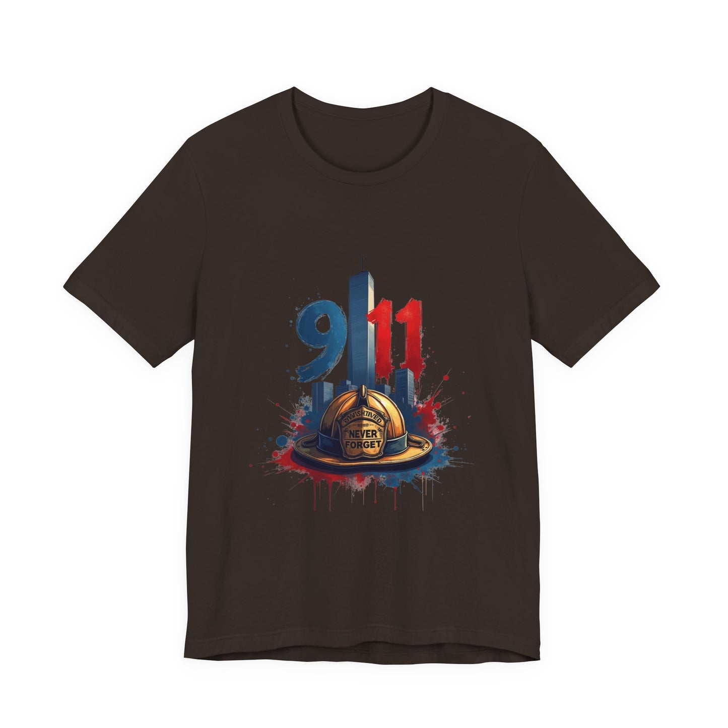 9/11 Firefighter Memorial Tee — Tribute T-Shirt with Helmet & Twin Towers Design