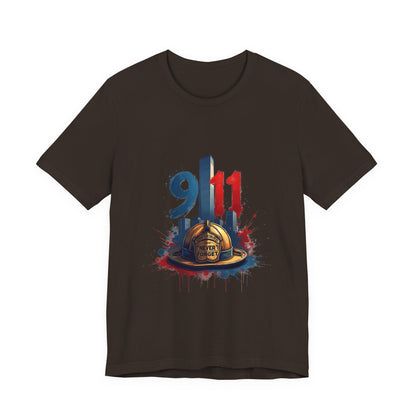 9/11 Firefighter Memorial Tee — Tribute T-Shirt with Helmet & Twin Towers Design