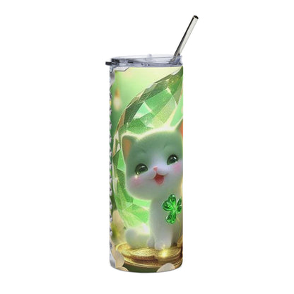 Lucky Cat 20oz Stainless Steel Tumbler — Shamrock, Gold Coins & Cute Kawaii Kitty