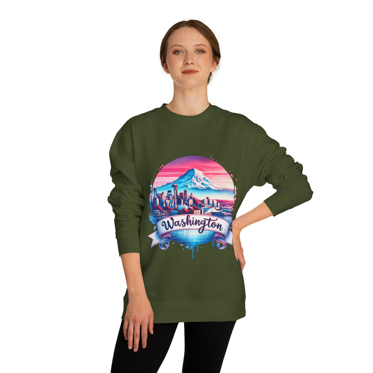 Washington Scenic Crewneck Sweatshirt — Mountain & City Skyline Design