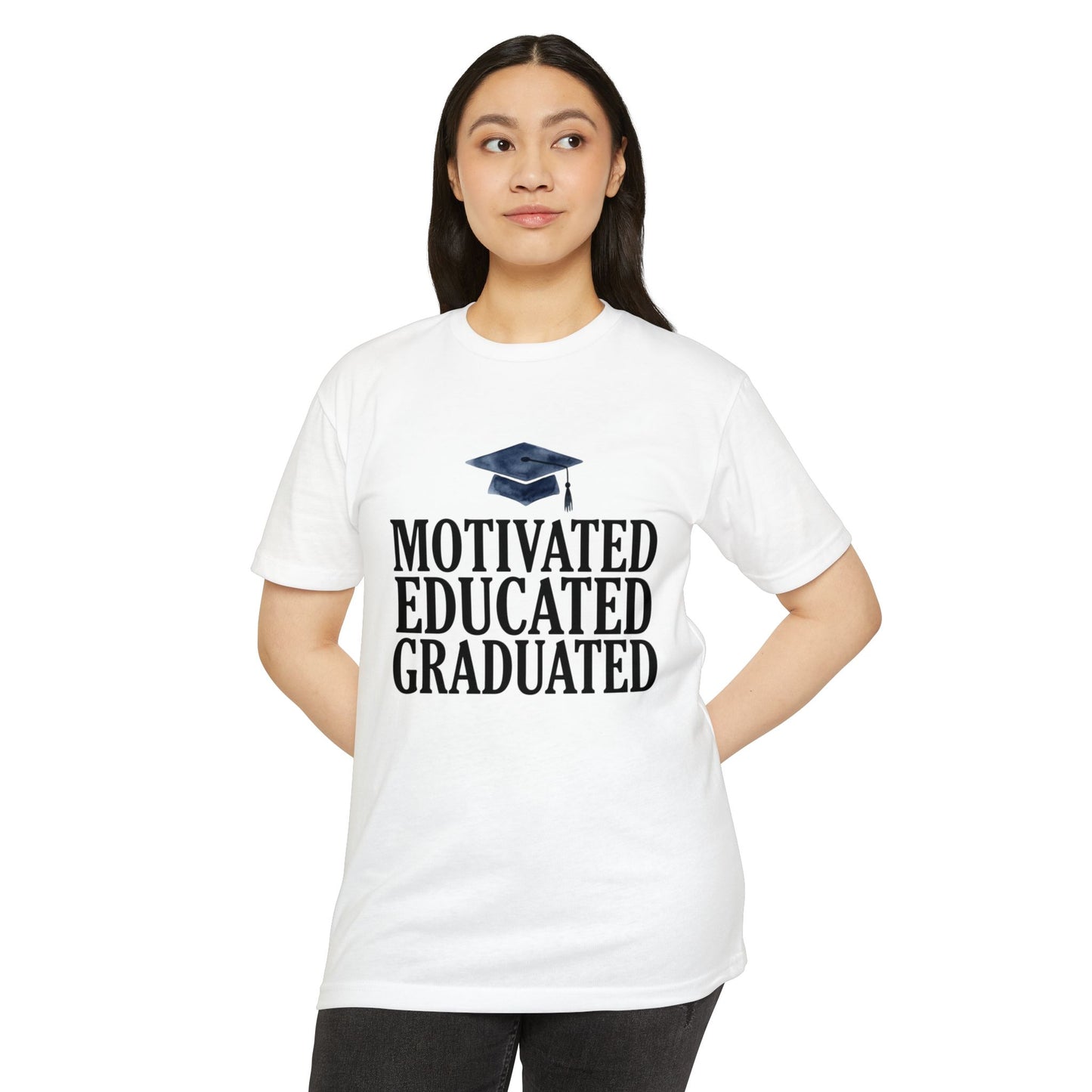 Graduation Tee — "Motivated Educated Graduated" Cap Design