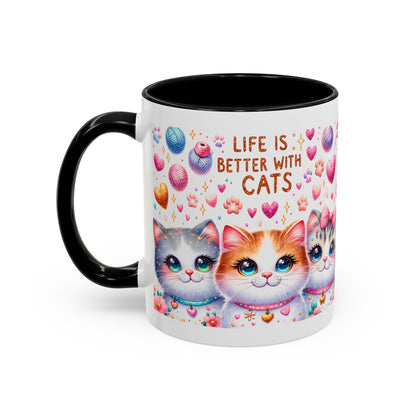 Cat Lover Accent Coffee Mug — "Life Is Better With Cats" Cute Kittens Design (11/15oz)
