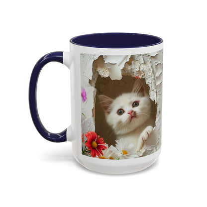 Peek-A-Boo Kitten Accent Coffee Mug — Cute Cat Floral Design (11/15oz)
