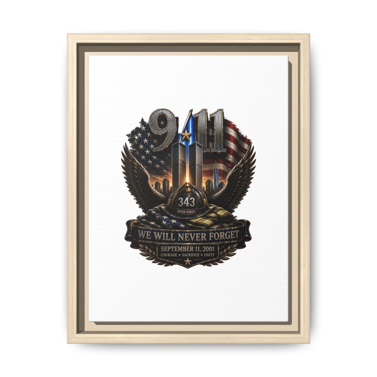 9/11 Memorial Matte Canvas Print — "We Will Never Forget" Framed Tribute