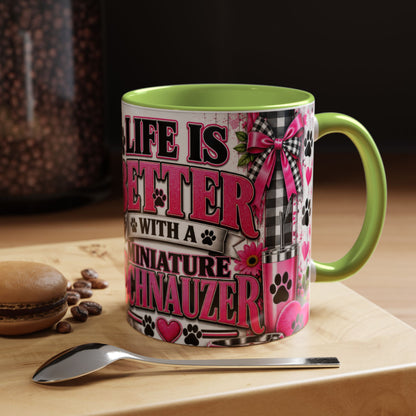 Life Is Better With A Miniature Schnauzer Accent Coffee Mug — Pink Paw Print Dog Lover Gift (11/15oz)