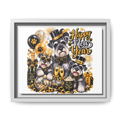 Happy New Year Schnauzer Holiday Canvas Print — Framed Matte Wall Art
