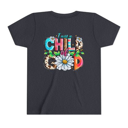 Youth Tee — "I Am a Child of God" Floral Christian Graphic