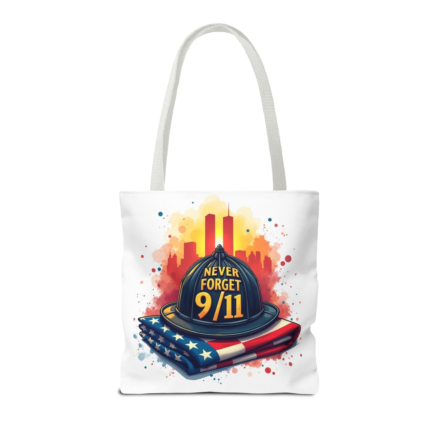 Never Forget 9/11 Memorial Tote Bag — Firefighter Helmet & Flag Tribute