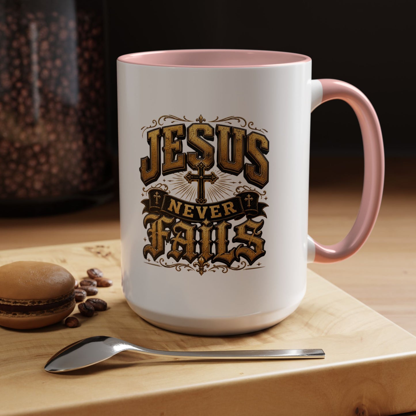 Jesus Never Fails Accent Coffee Mug — Inspirational Christian Faith 11/15oz