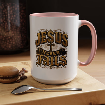 Jesus Never Fails Accent Coffee Mug — Inspirational Christian Faith 11/15oz