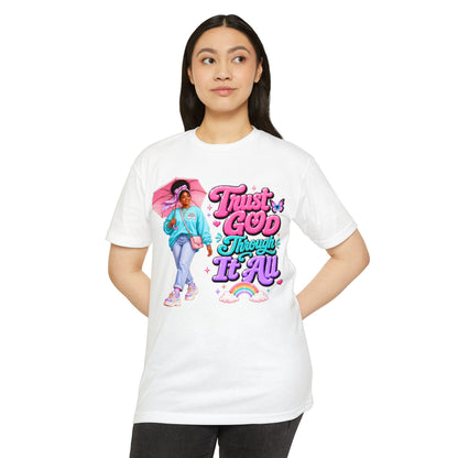 Trust God Through It All T-Shirt — Inspirational Faith Tee with Colorful Girl Illustration