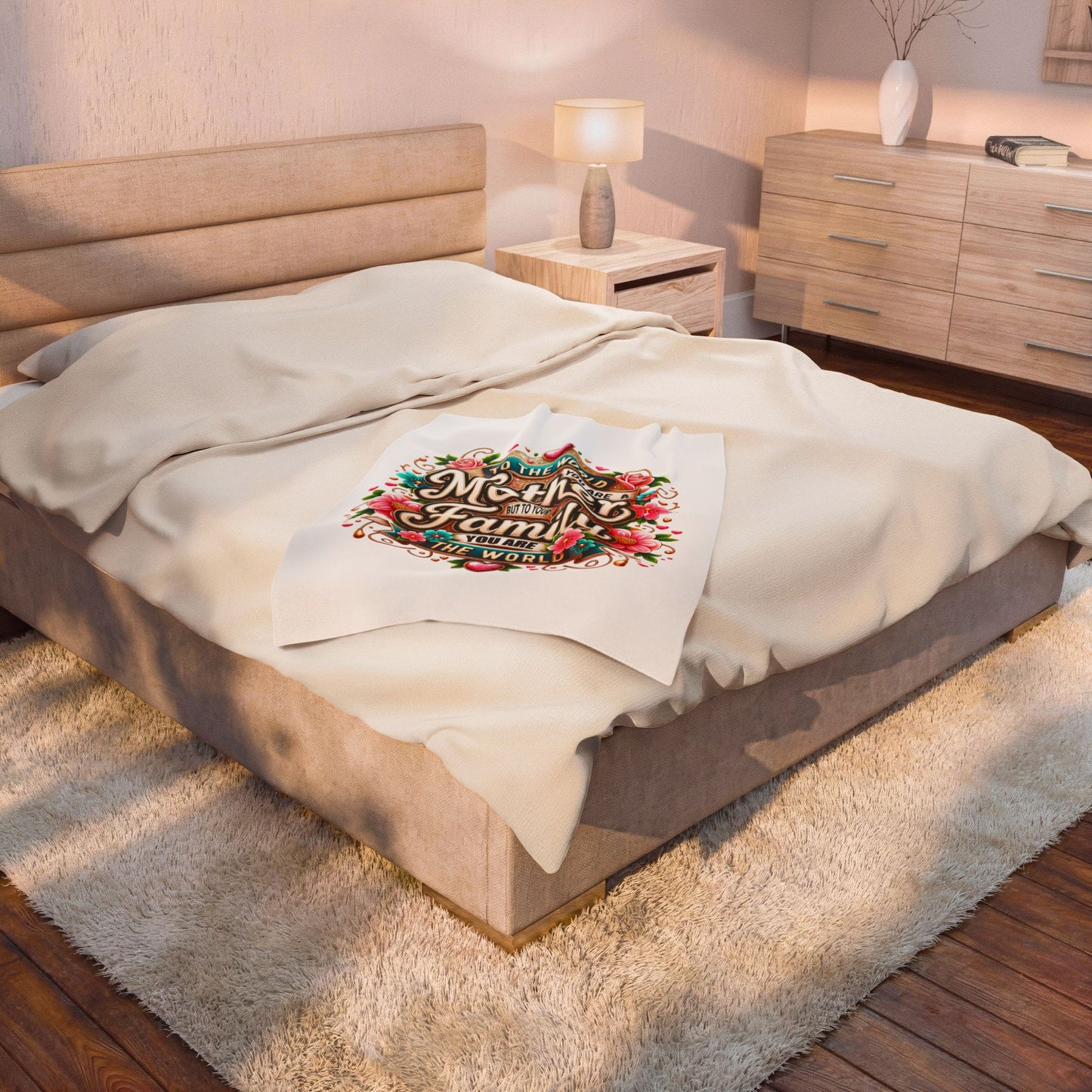 Mother & Family Velveteen Plush Blanket – "To the World You Are a Mother" Floral Throw (Mother's Day Gift)