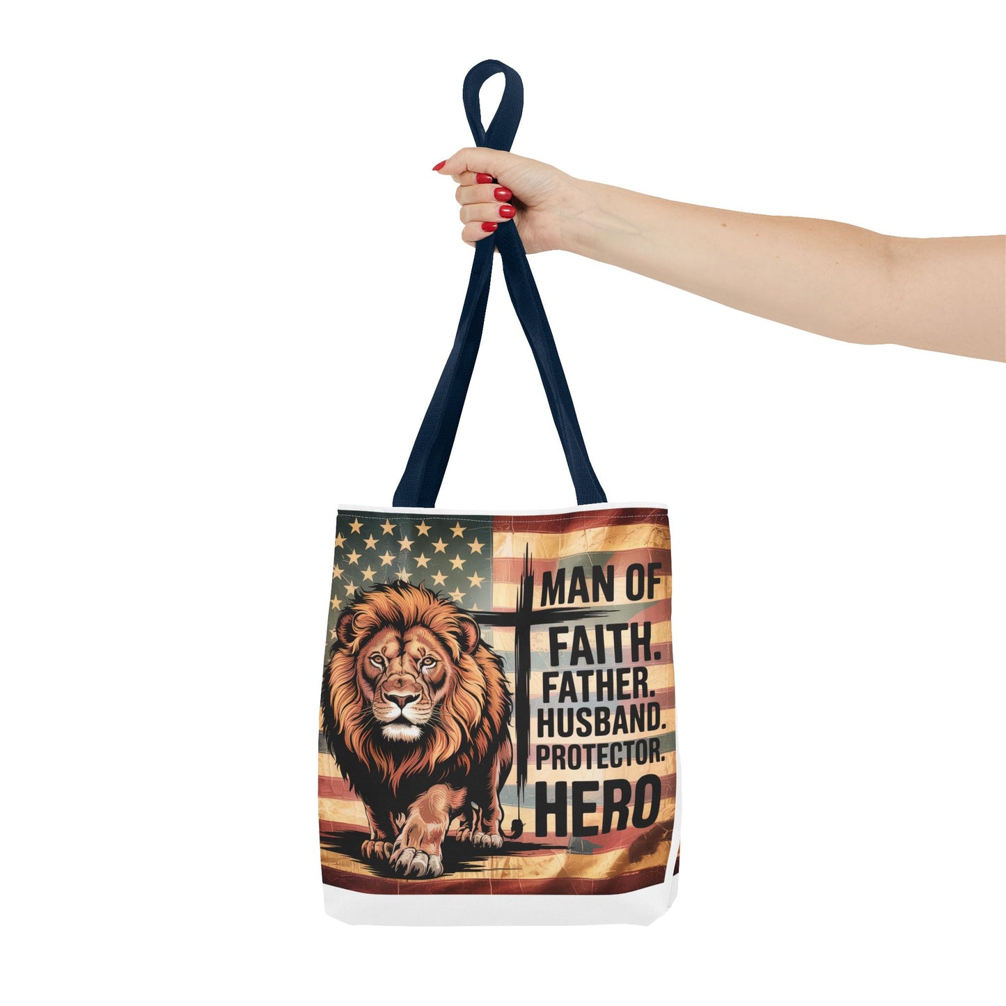 Tote — "Man of Faith, Father, Husband, Protector, Hero" Patriotic Lion Tote