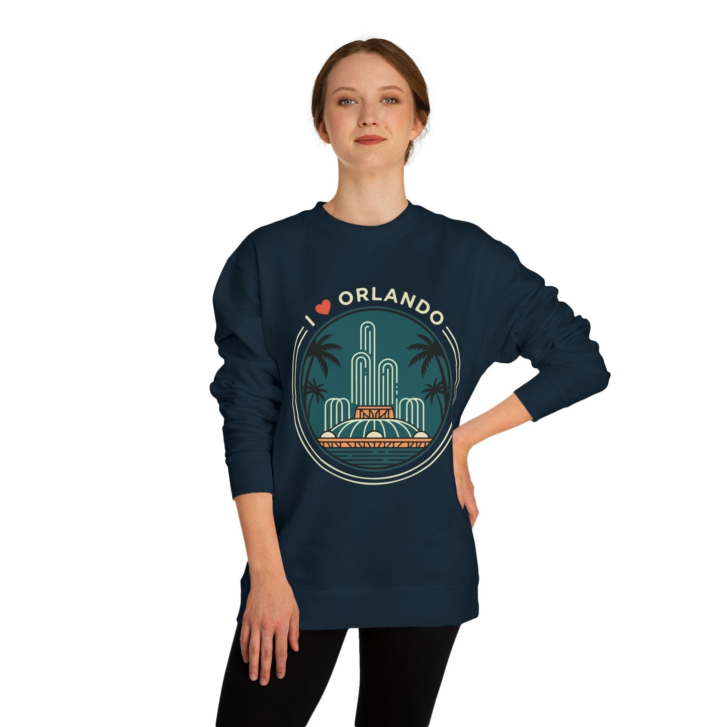 Orlando Fountain Crewneck Sweatshirt — Retro Palm Tree Cityscape