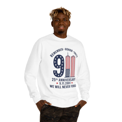 9/11 Remembrance Crewneck Sweatshirt — 25th Anniversary "We Will Never Forget"